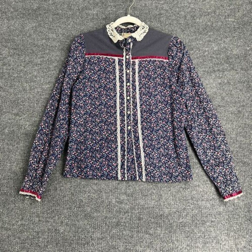 Vintage Jessicas Gunnies Gunne Sax Floral Blouse Size S Mixed Print 70s Lace